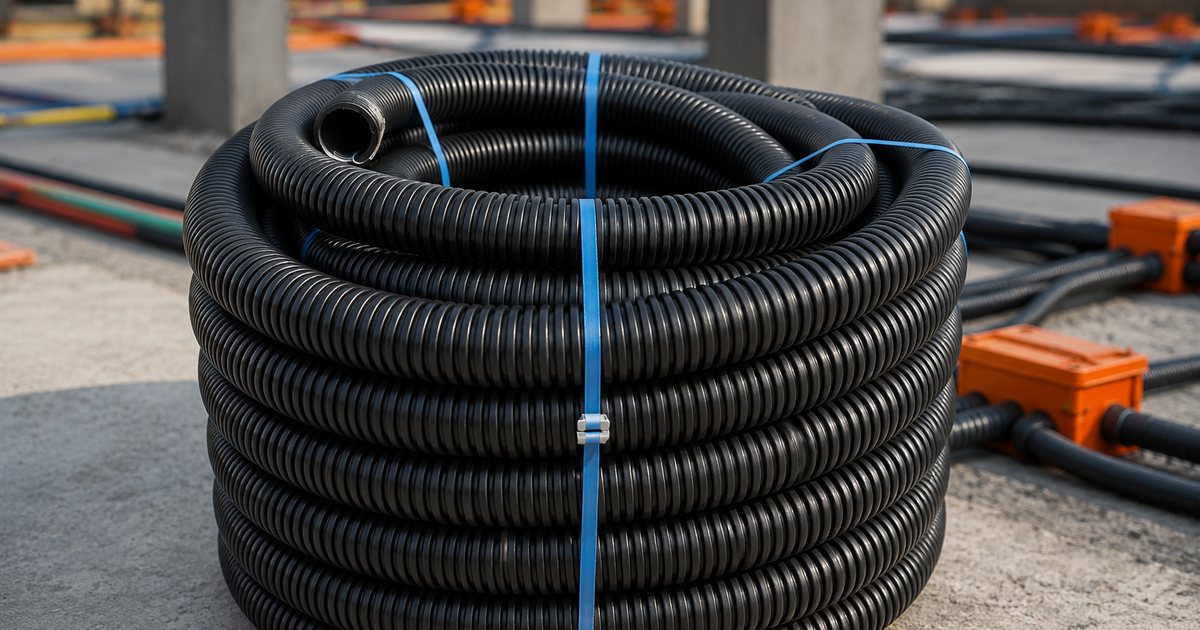 Bobina de tubo corrugado PEAD com proteção UV em canteiro de obras